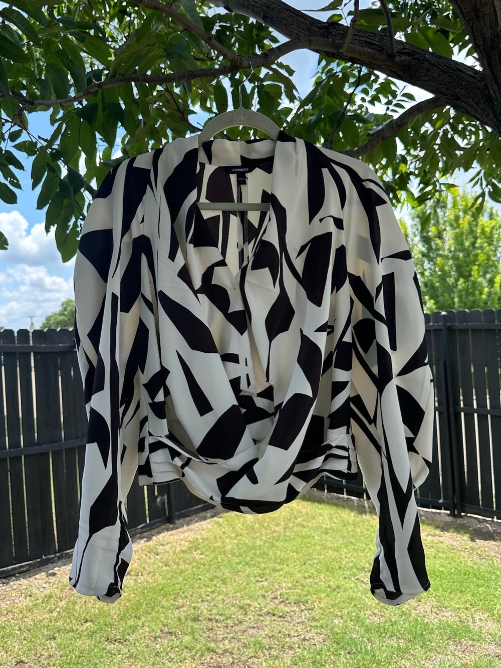 Express Black & White Abstract Wrap Blouse